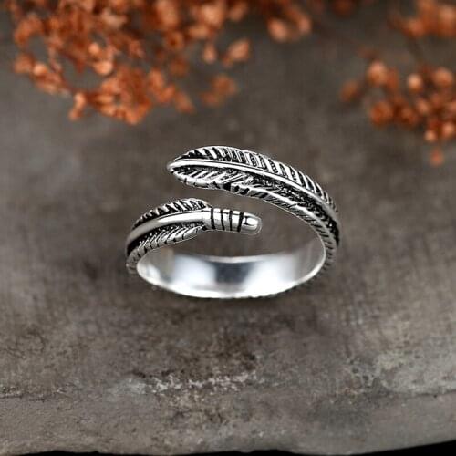 Punk Style Hip Hop Feather Rings For Men Women Vintage Distressed Ancient Silver Color Geometric Open Ring Accessories Best Gift