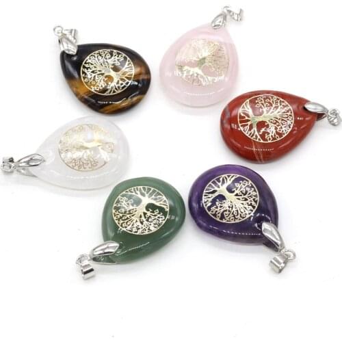 Natural Stone Pendant Life Tree Chakra Reiki Healing Crystal Agates Amethysts Stone Charm For Jewelry Making Necklace Meditation