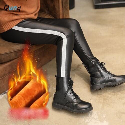 Qunq Girls Winter Pants Velvet Thick Warm Kids Leggings for 2 3 4 5 6 7 8 9 Year Girl Black Side Stripe Skinny Children Trousers