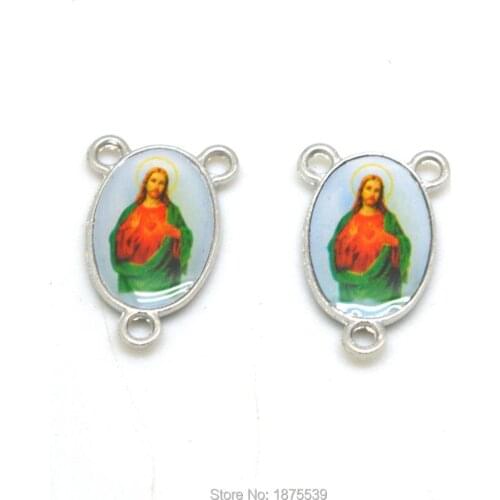 Green Clothes Heart Jesus Rosary Center Medal Two Side Same Photo