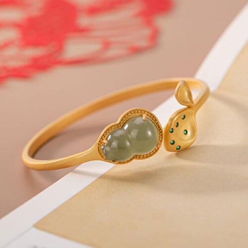 S925 Sterling Silver Gold-Plated Natural Hetian Jade Green Jade Gray Jade Personality Gourd Open Temperament Ornament for Women