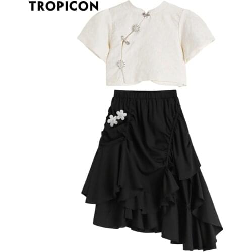 TROPICON Jacquard Vintage Summer Elegant Blouse Women Blue Puff Sleeve Crop Top Ladies Short Sleeve Blouse Cheongsam Top