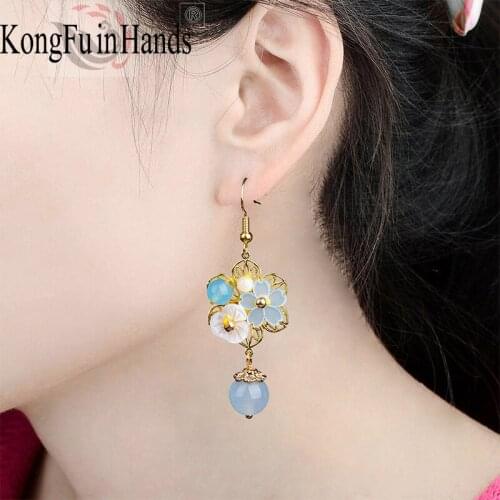 Women Personality Earrings Charm Blue Color Flower Female Elegant Pendant Ethnic Wind Earrings Ladies Retro Jewelry For Gift