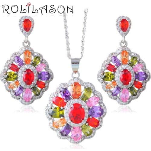 ROLILASON Multil Crystal Zircon Jewelry Sets For Women stamped Earring/Pendant/Necklace/Ring JS655