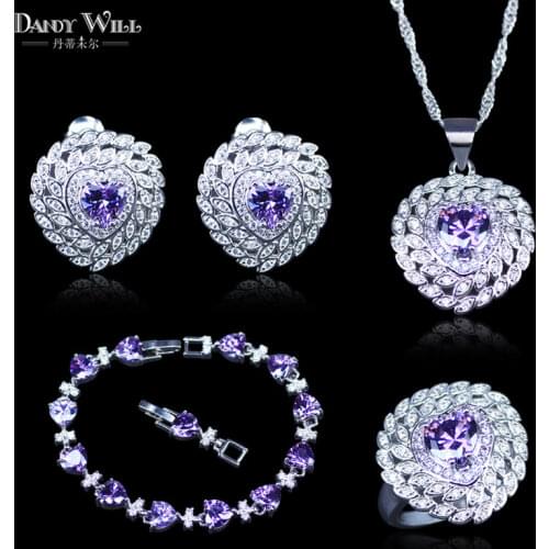 Israel Style Purple Cubic Zircon Heart Square Silver Color bracelets Jewelry Sets For Women Pendant Earrings Ring