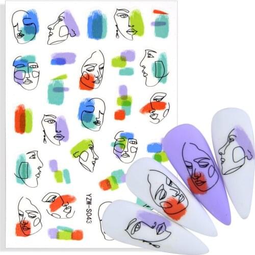 2021 New Colorful Mosaic Abstract Lady Face Nail Sticker Adhesive Black Leaf Sliders Paper Nail Art Decor Decals Manicure Foils