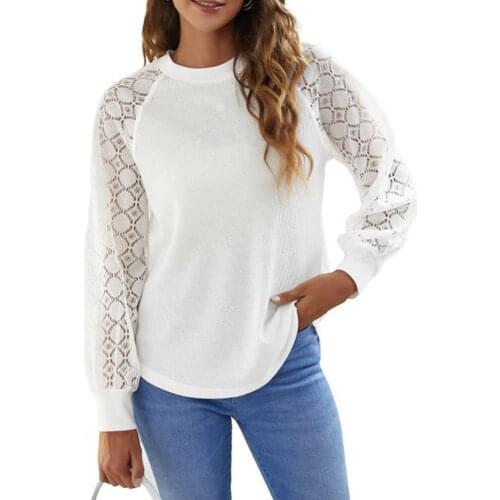 Blusas Women Hollow Out Lace Patchwork Autumn Waffle Raglan Sleeve Solid Color Pullover Top Streetwear blusas mujer de moda 2021