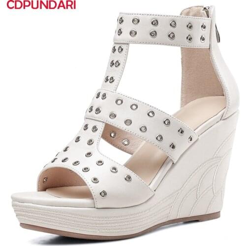 White Black Genuine Leather Wedges Sandals For Women High Heels Platform Sandals Summer Casual Punk Shoes 2021 Sandalias Mujer