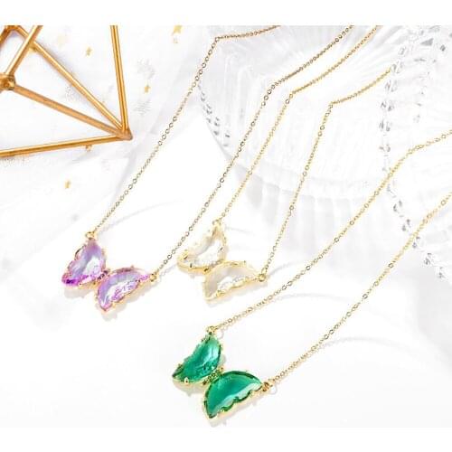 Stainless Steel Gold Butterfly Insect Class Crystal Pendant Necklace Fashion Delicate Women Beauty Jewelry Gift For Him
