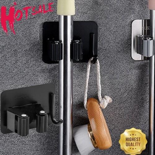 Stainless Steel Broom Holder Multifunctional Wall Mounted Mop Organizer Heavy Duty Practical Clip Kitchen Bathroom Storage Rack