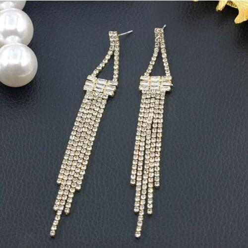 Long Tassel Full Rhinestone Drop Earrings for Women Ovsize Crystal Dangle Earrings Fashion Jewelry Accessories A452