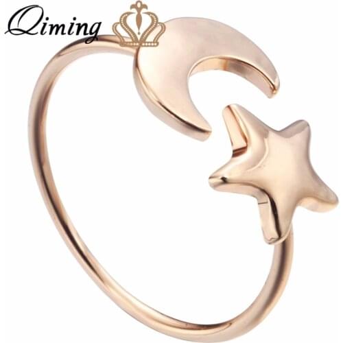 QIMING Crescent Moon Tiny Star Ring Little Korean Jewelry Lovely Luna half moon Gift knuckle Rings for women girls