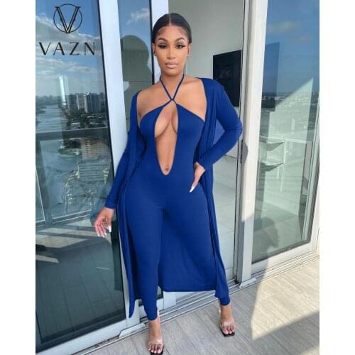 VAZN Summer 2021 European and American Womens Fashion Pure Color Halter Jumpsuit Shawl Jacket Two-Piece Set