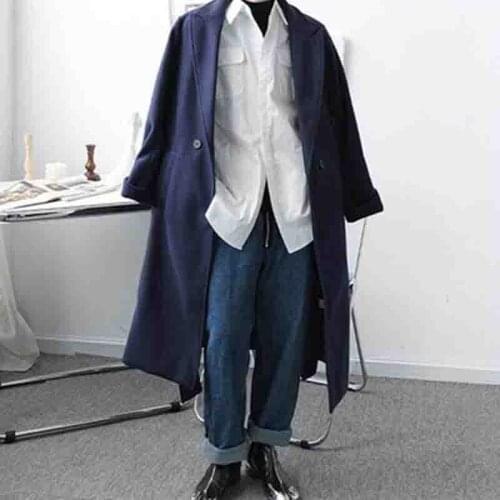 The new Korean version of mens mid-length woollen coat fashion mens loose knee-length trench coat thickening jacket