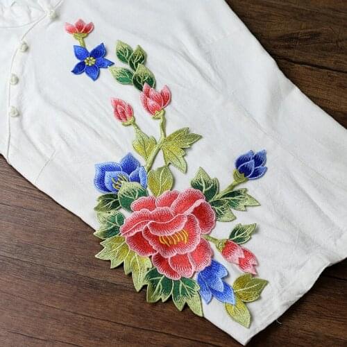 Rattan-Peony flower Embroidered patches para vestuario decorative sew on designer patches for jeans parches bordados para ropa