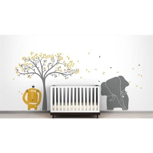 Baby Lion Elephant and Tree Wall Sticker Mural Modern Baby Zoo Wall Decal Kids Nursery Playroom Wall Art Poster Vinyl Decor A237