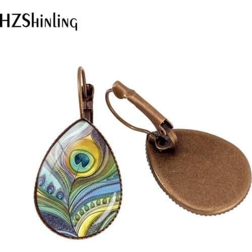 2019 New Peacock Feather Tear Drop Earring Hand Craft Ear Clip Art Painting Drop Earring Clips Glass Dome Jewelry