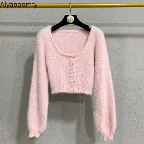 New Japanese Harajuku Spring Autumn Women Streetwear Sweater Korean Ulzzang Pink Mohair Short Rose Crop Top Cute Kawai Outerwear