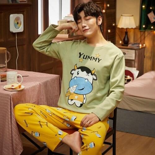 Autumn Winter Long Sleeve Man Pajama Sets Cotton Pajamas Men Casual Sleepwear Homewear Plus Size Pijamas Cute Cartoon cow Pijama