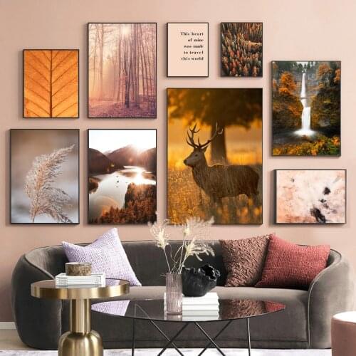 Autumn Leaves Forest Deer Lake Waterfall Reed Wall Art Canvas Painting Nordic Posters And Prints Wall Pictures For Living Room
