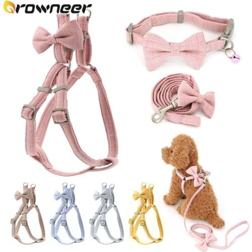 Dog Harness Leash Collar Set Adjustable Soft Cute Bow Double Layer For Small Medium Pet Pure Color Collar Leash Outdoor Walking