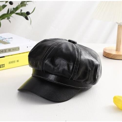 New Hats For Women Octagonal Hat Faux Leather Korean Art Painter Caps Wild Retro Beret Outdoor Personality Female Hat