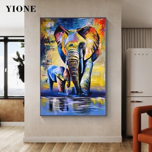 Elephant Mom and Kid Colorful Art Oil Painting Print Animal Family Canvas Poster Wall Picture for Living Room Home Decoration