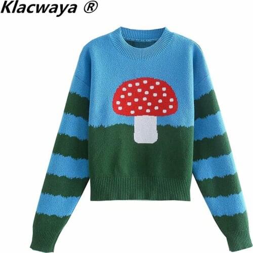 Klacwaya 2021 Women Fashion Jacquard Contrast Lattice Sweater Pullover Vintage Round Neck Long Sleeve Female Street Knit Top