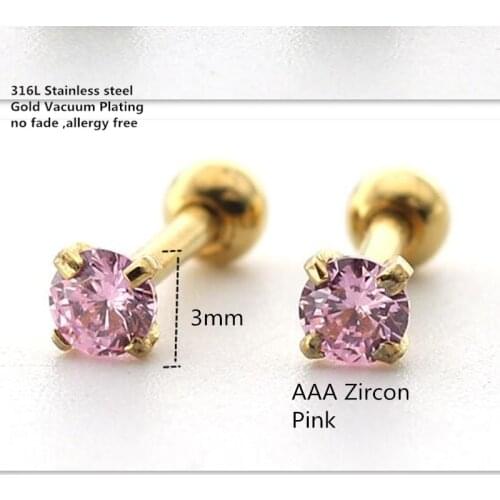 Titanium Gold-color Plated Screw Stud Earrings With Mini 3mm Pink AAA Zircon 316L Stainless Steel No Fade No Allergy