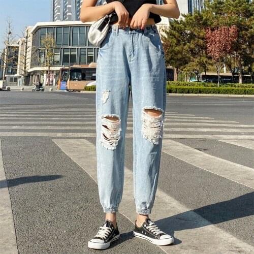 Vintage ladies boyfriend ripped jeans for women mom high waisted jeans blue casual harem trousers korean streetwear denim pants