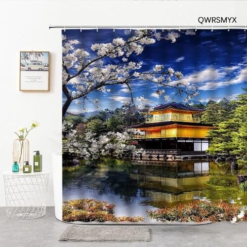 Chinese Style Japanese Garden Landscape Shower Curtains Lakes Forest Photo Bathroom Curtain Waterproof Fabric Bathroom Products