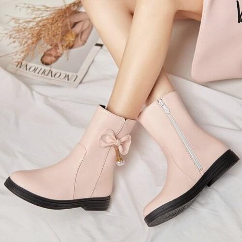 Lady autumn winter warm Plsuh Lining short boots students sweet comfortable low-heel women shoes fashion bow Knight boots 30-39