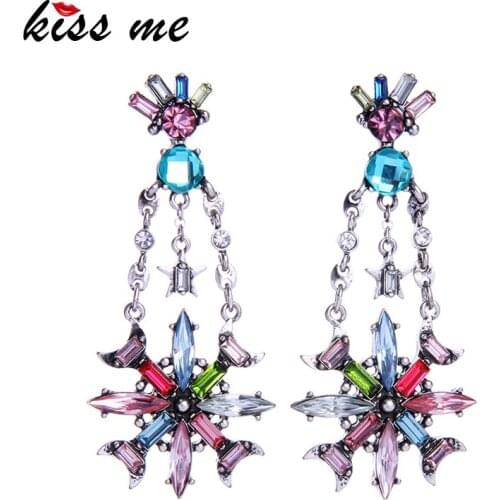 KISS ME Multi Color Crystal Flower Earrings Charming Hanging Long Drop Earrings for Women Luxury Jewelry