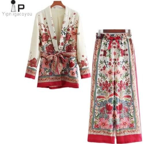 2 Piece Set Women Suit Female 2020 Retro Style Flower pattern European-Style Casual Holiday Jacket +Wide Leg pants Pajamas Set