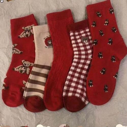 1 Pair Of Cute Cartoon Womens Pure Cotton Socks Red Fashion Bear Socks Comfortable Breathable And Versatile and festive