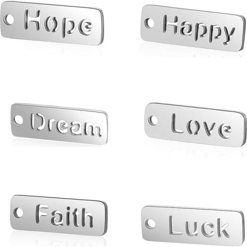 10pcs/lot Stainless Steel Rectangle English Words Hollow Charms 6x17mm High Quality Decoration Tag Pendants DIY Jewelry Findings