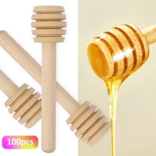 100Pcs High Quality Honey Bar Mixing Handle Jar Spoon Practical 100Pc Wood Dipper Honey Long Stick Supplies Honey Kitchen Tools