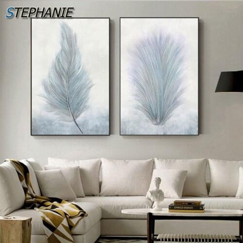 Abstract White Feather Canvas Painting Modern Cuadro Decorativo Pop Instagram Wall Art Picture for Living Room Entrance Poster