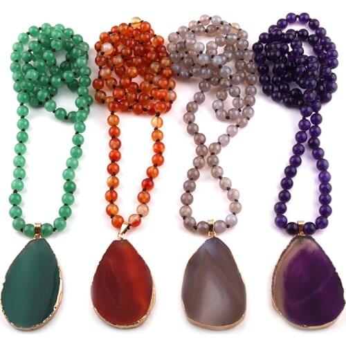 Free Shipping Fashion Bohemian Tribal Jewelry 8mm Stones Long Knotted Stone Agat Drop Pendant Necklaces