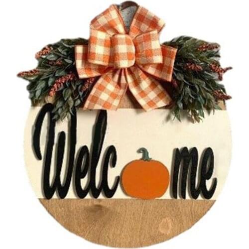 Halloween Fall Pumpkin Wooden Sign with Plaid Bow Artificial Leaves Rustic Front Door Hanger Farmhouse Wreath Decoration