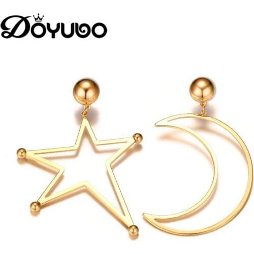 DOYUBO Gold Color 316L Stainless Steel Moon & Star Asymmetrical Earrings Women European Style Big Fashion Drop Earrings DB156