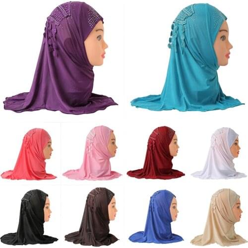 Muslim Girl Hijab Scarf Islamic Kid Rhinestone Lace Tassel Turban Plain Headwrap Cute Shawl Elastic Burqa for 2-7 Years Children