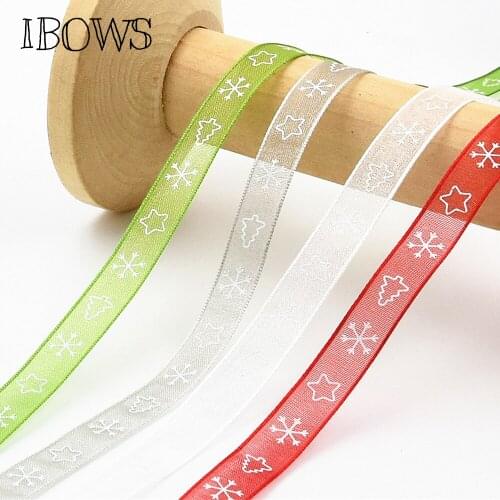 IBOWS 10meter 10mm Christmas Ribbon Snowflake Organza Ribbon for DIY Xmas Bows Materials Festival Party Decoration Gift Package