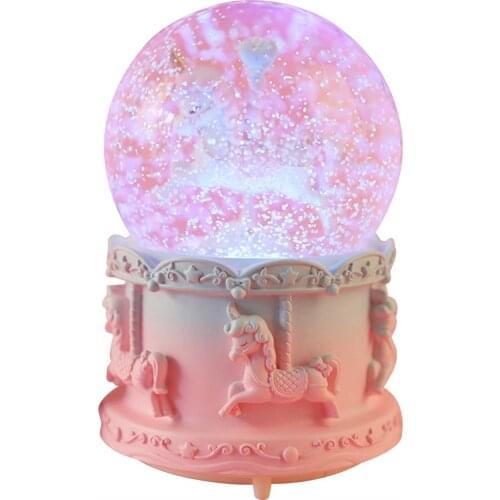 Resin Pink/Purple Rotate Music Box Carousel Crystal Ball Snow Globe Children Birthday Gift For Home Decoration