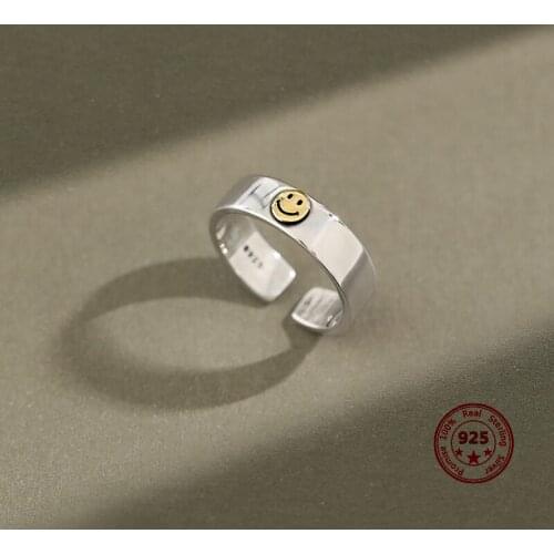 Korean Version Of S925 Sterling Silver Smiley Ring Retro Simple Wind Smile Open Style Student Personality Hand Jewelry