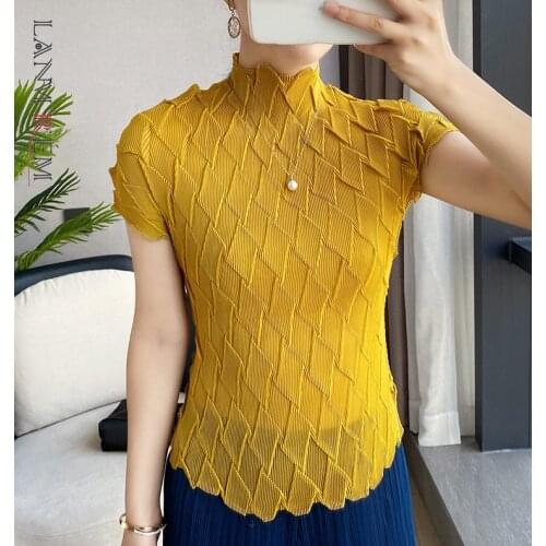 LANMREM Pleated T Shirt Turtleneck Womens Short Sleeve 2021 Summer New Plaid Fold T-shirt Fashion Tide Top Clothing 2D3735