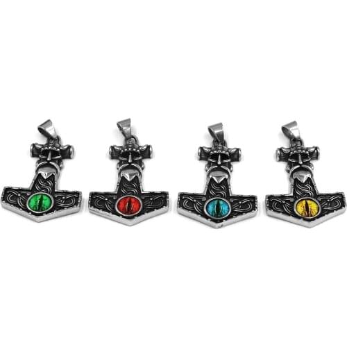 Fashion Norse Viking Axe Pendant Colorful Stone Odin Thor Hammer Stainless Steel Jewelry Celtic Knot Biker Mens Pendant SWP0618A