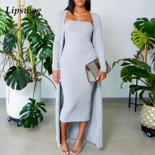 Fashion Casual Home Sets Women Strapless Bodycon Dress + Long Sleeve Cardigan Tops Suits Autumn Winter Solid Office Lady Outfits