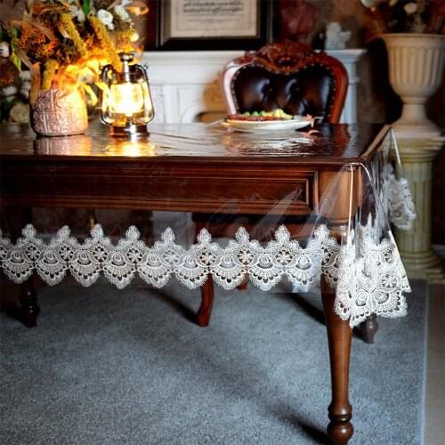 TPU Soft Transparent Waterproof Tablecloth Rectangular Embroidery Lace Dining Table Cover for Party Kitchen Stain Resistant