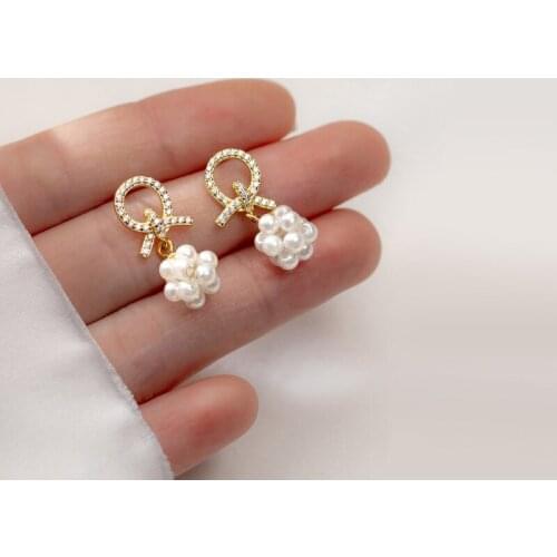 Real 100% 925 Sterling Silver Fine Jewelry Shell Pearl & cz set Knot Ear piercing Earrings C-G9490